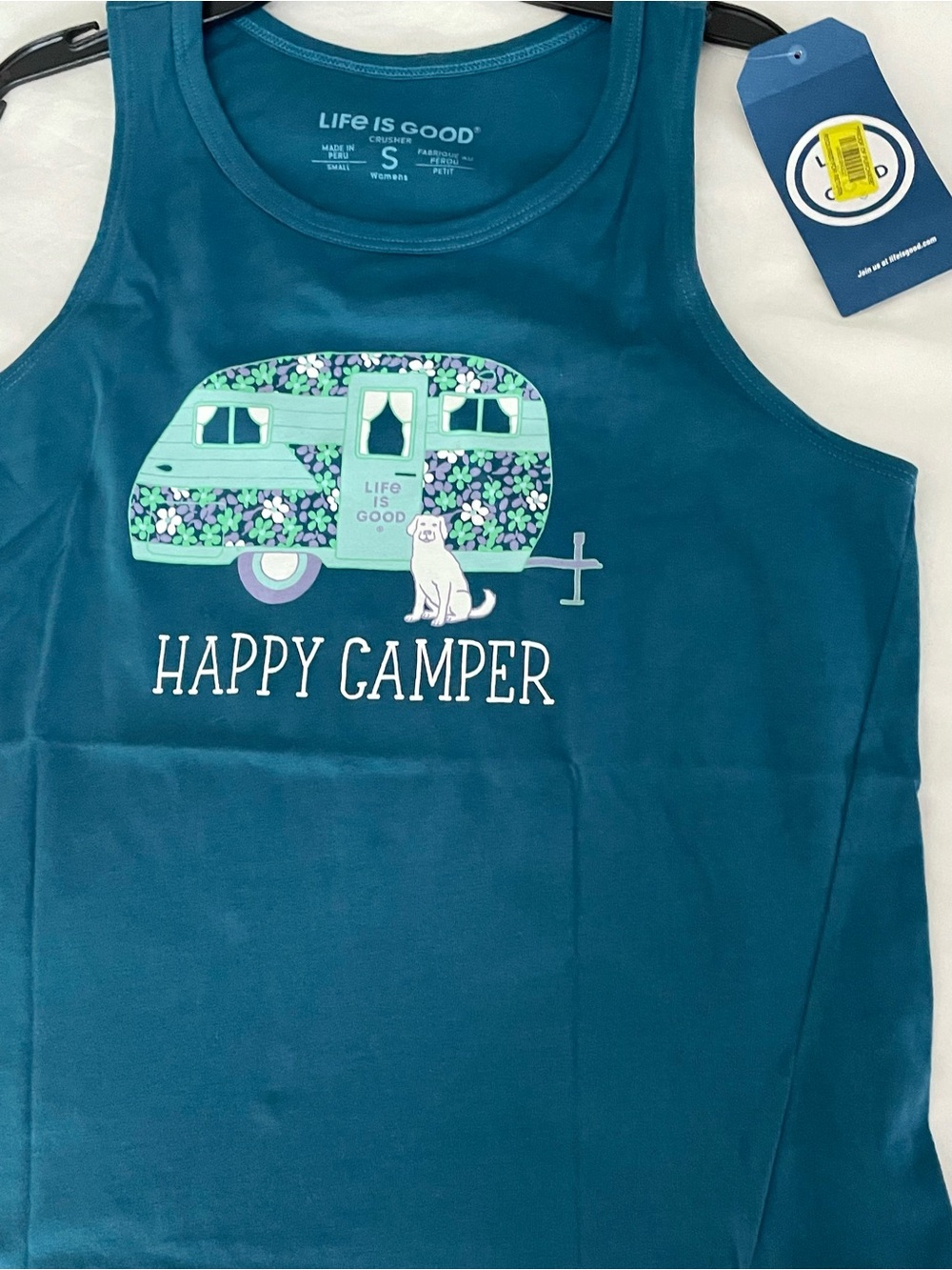 Life Is Good Floral HAPPY CAMPER Crusher Tank Top Size S Blue Purple Dog Cotton